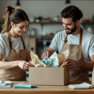 Zwei Gründer packen in ihrem Store ein Paket mit bedruckten Verpackungen, Bechern und Papiertüten im eigenen Branding
