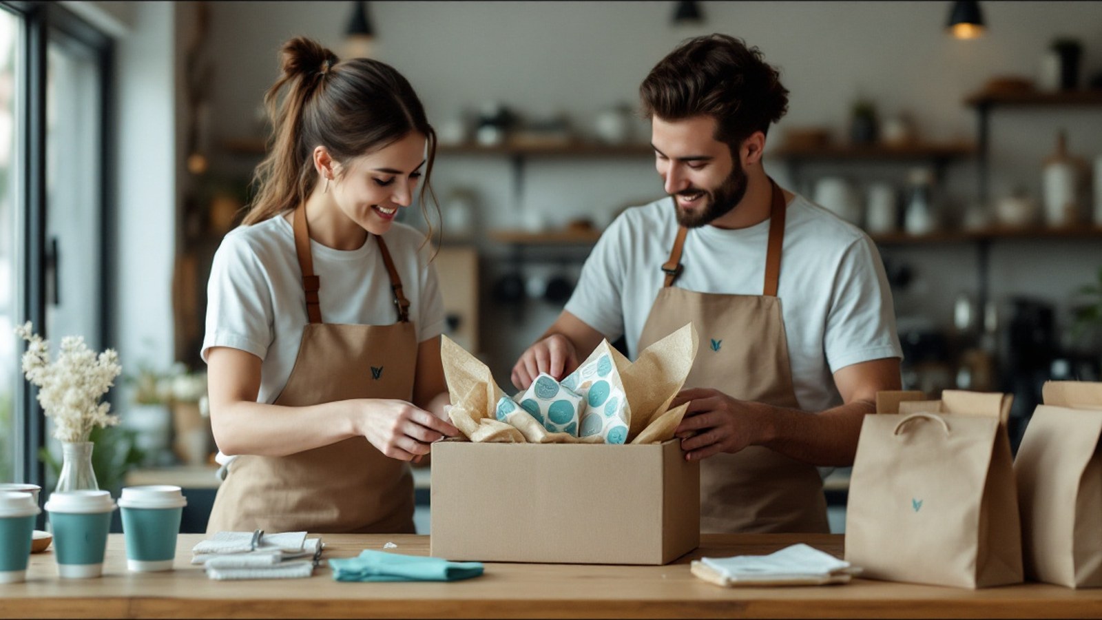 Zwei Gründer packen in ihrem Store ein Paket mit bedruckten Verpackungen, Bechern und Papiertüten im eigenen Branding