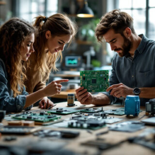 Hardware-Startup-Team prüft mehrere Leiterplatten-Prototypen an der Werkbank