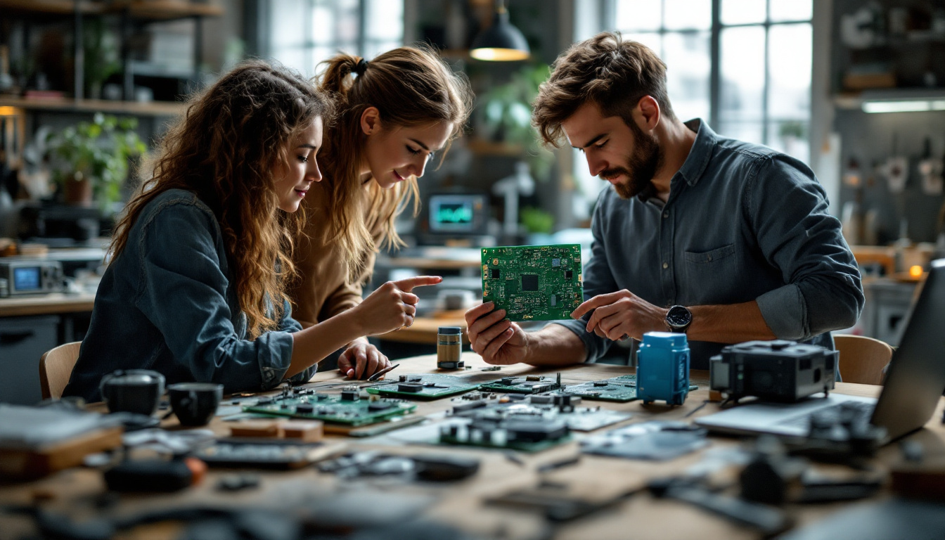 Hardware-Startup-Team prüft mehrere Leiterplatten-Prototypen an der Werkbank