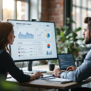Zwei Gründer analysieren am Bildschirm die Website-Daten ihres Startups