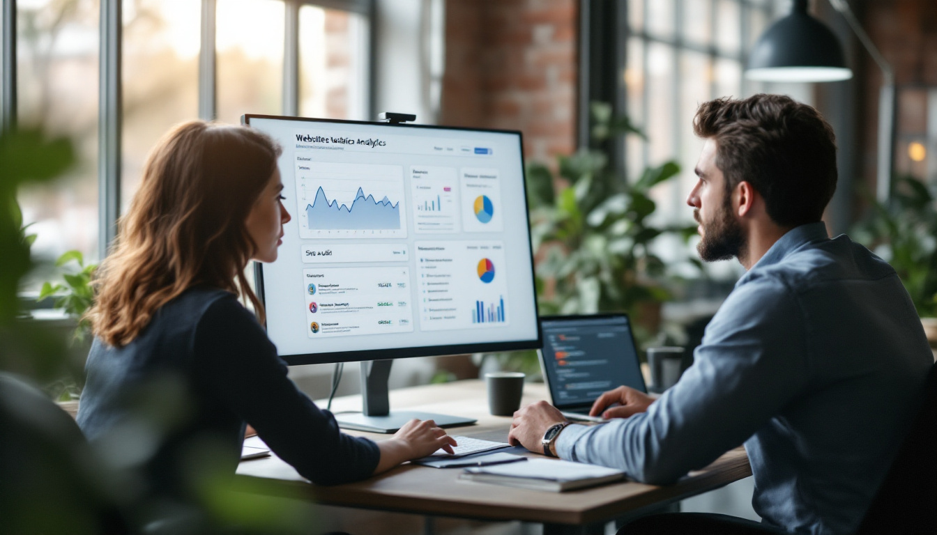 Zwei Gründer analysieren am Bildschirm die Website-Daten ihres Startups