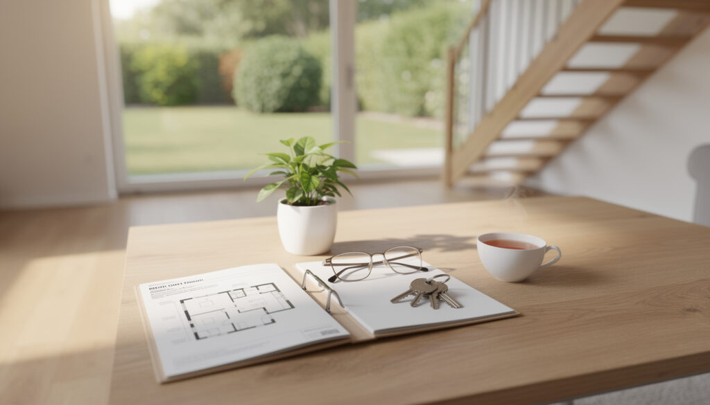 Grundriss, Lesebrille und Hausschlüssel auf einem Holztisch in einem hellen Wohnzimmer mit Blick in den Garten