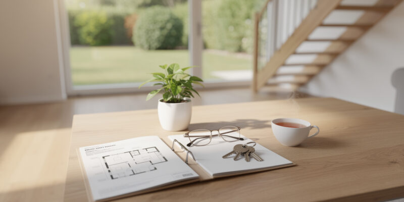 Grundriss, Lesebrille und Hausschlüssel auf einem Holztisch in einem hellen Wohnzimmer mit Blick in den Garten