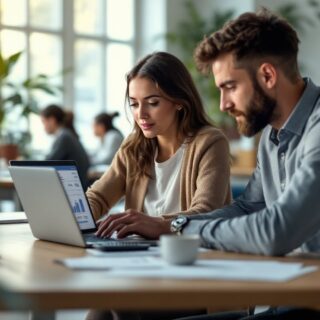 Gründerin und Kollege prüfen die Lohnabrechnung am Laptop im Start-up-Büro