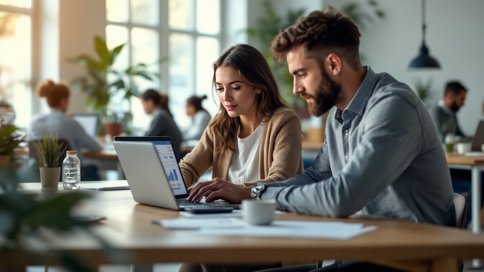 Gründerin und Kollege prüfen die Lohnabrechnung am Laptop im Start-up-Büro